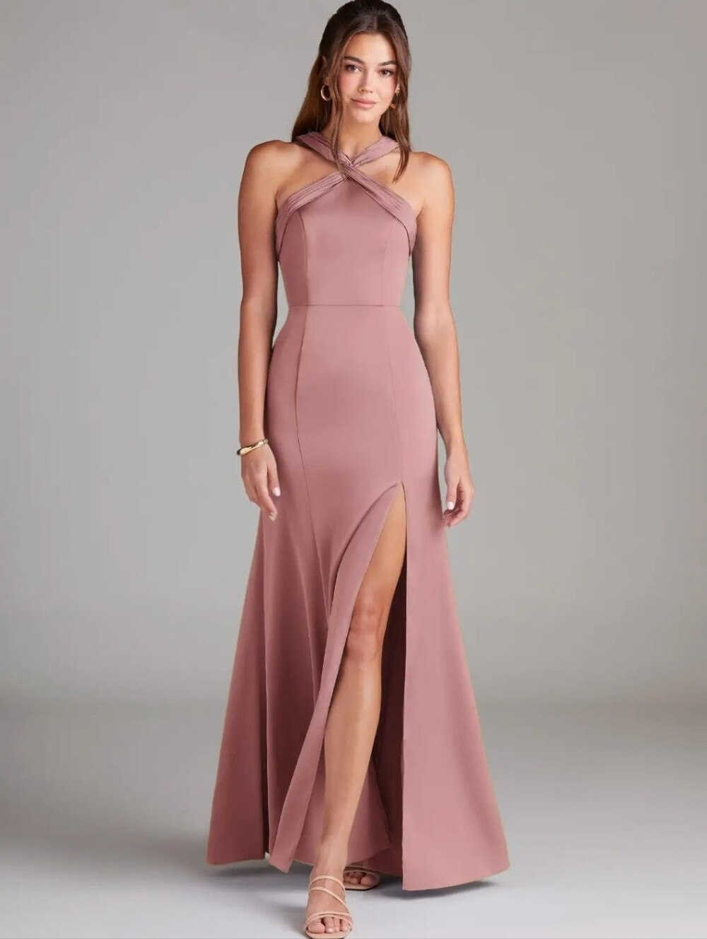 Azazie Rue Dusty Rose Mermaid Pleated Stretch Satin Dress